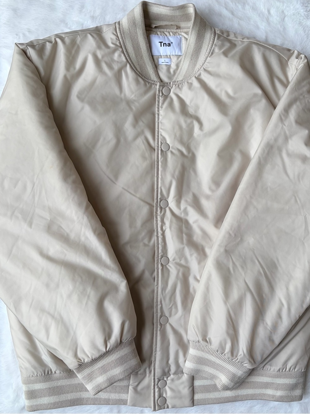 Aritzia TNA White Satin Bomber Jacket